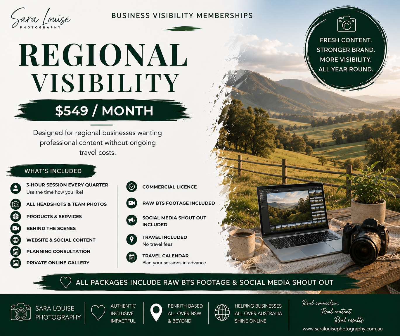 Sara Louise Photography Regional Visibility business membership package flyer showing $549/month plan with inclusions list.