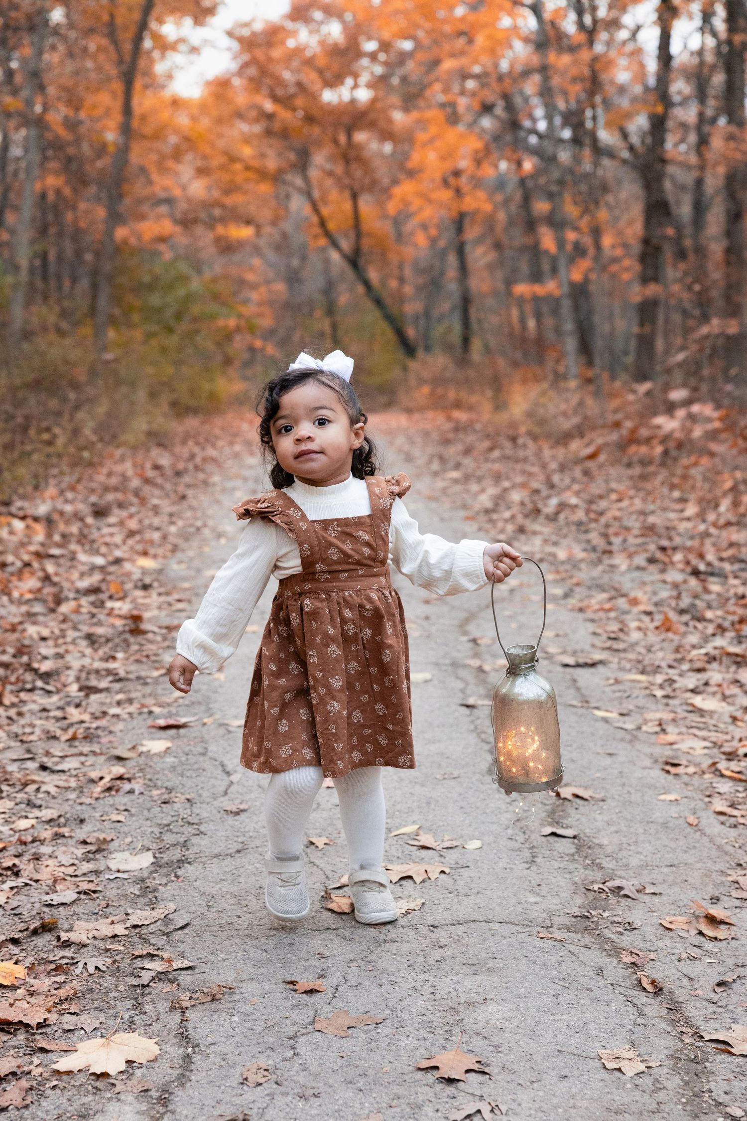 A toddler girl in a brown floral dress carries a glowing lantern down a scenic autumn forest pathway.