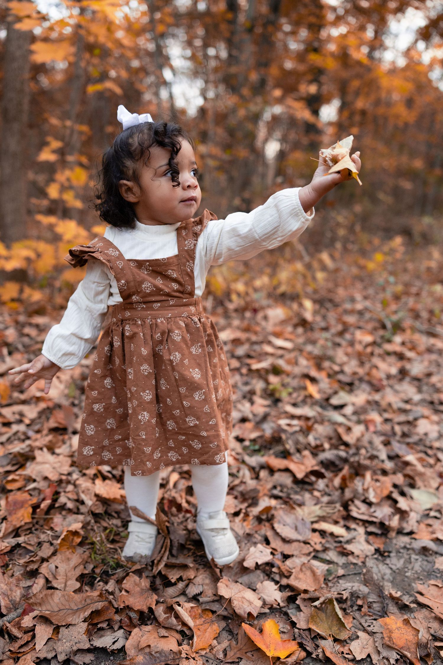 Toddler girl in brown floral dress holding autumn leaf in fall forest.