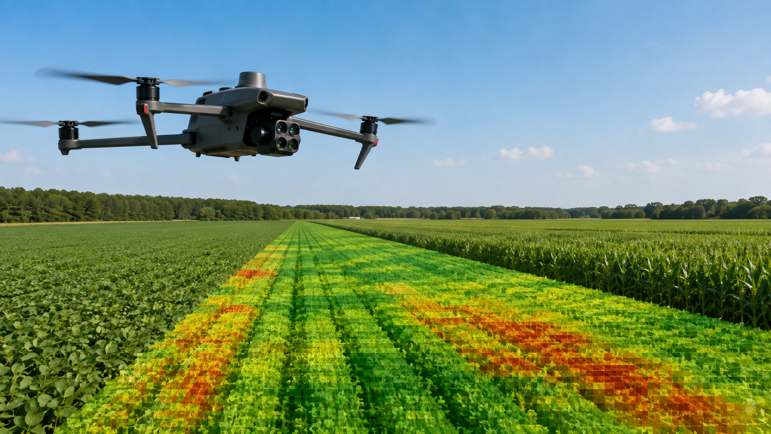 Drone flying over agricultural fields using thermal imaging technology to monitor crop health and optimize farm management.