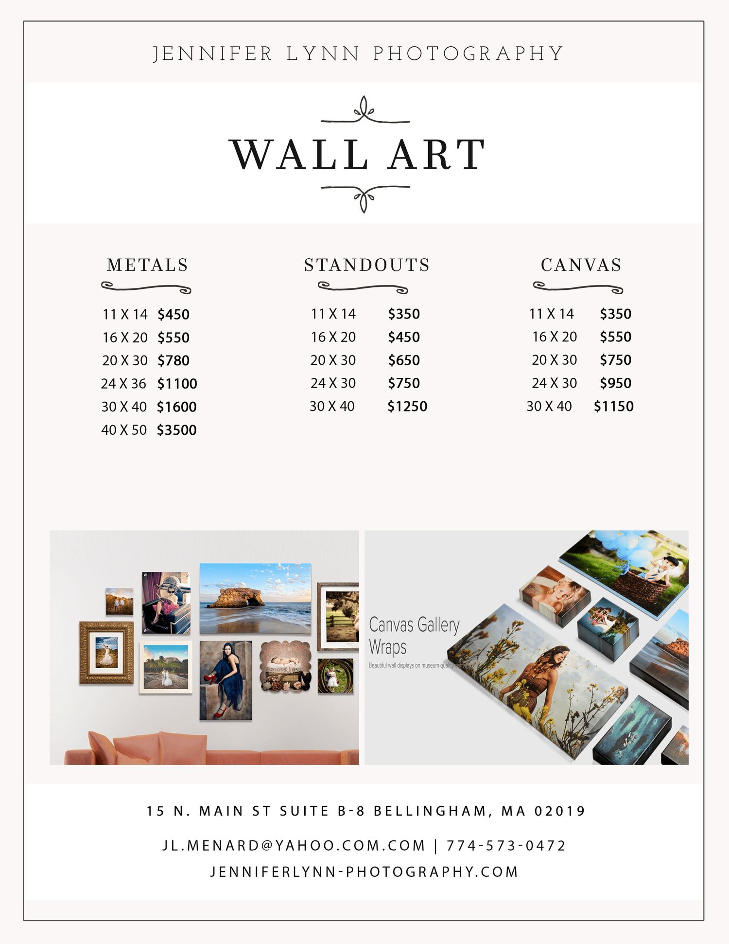 Jennifer Lynn Photography wall art price list featuring metals, standouts, and canvas prints with gallery wraps display.