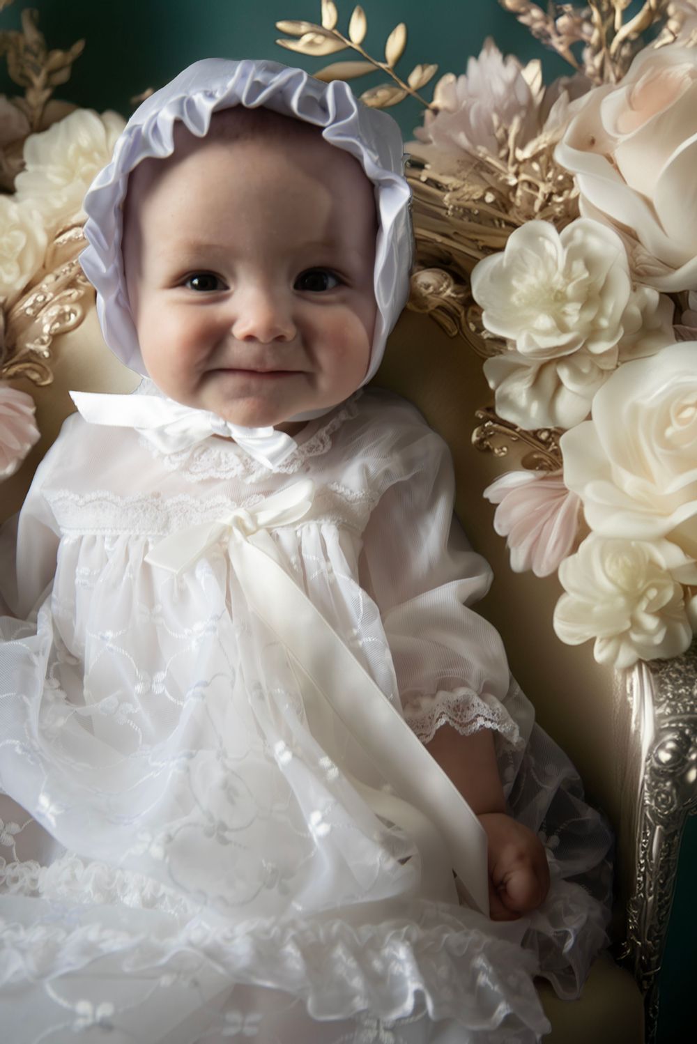 Adorable baby in a white lace christening dress and bonnet seated in an ornate gold chair with flowers.