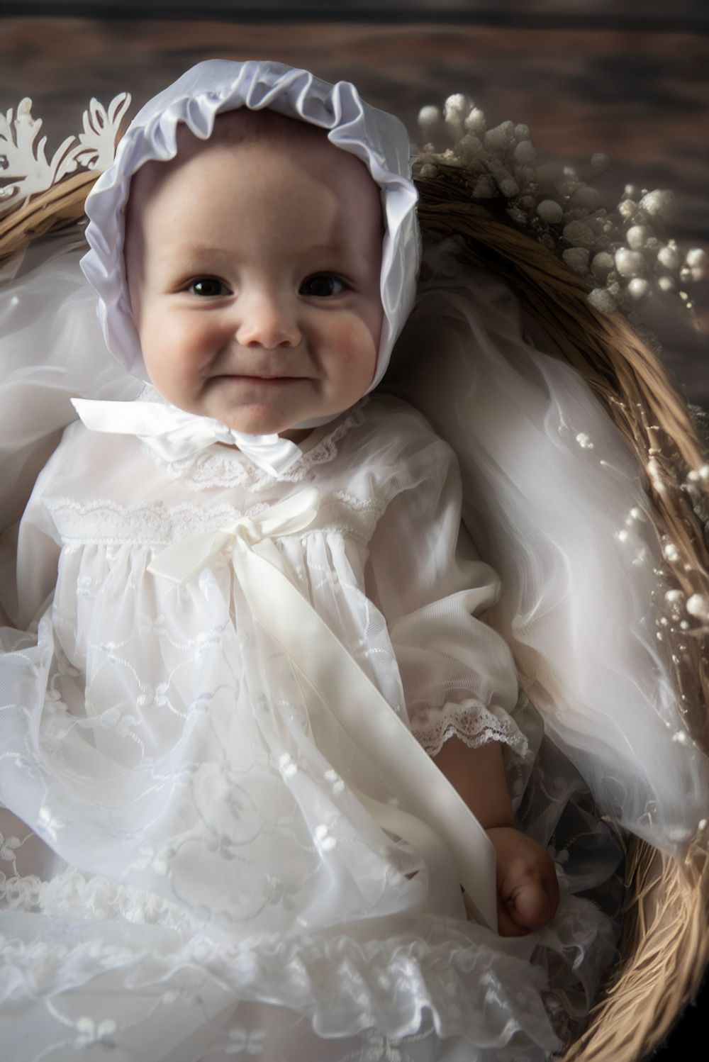 Adorable baby girl in a white lace christening gown and bonnet lying in a wicker basket with flowers.
