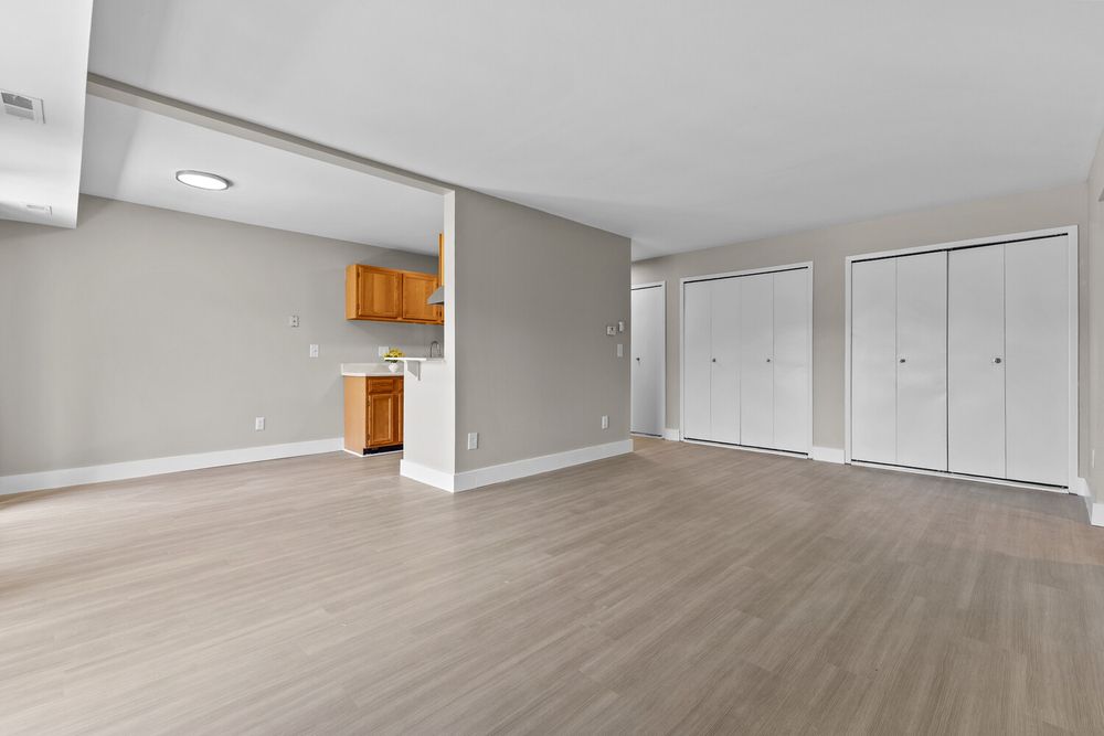 Spacious open-concept living room with light wood floors, gray walls, white closet doors, and a glimpse of a kitchenette area.