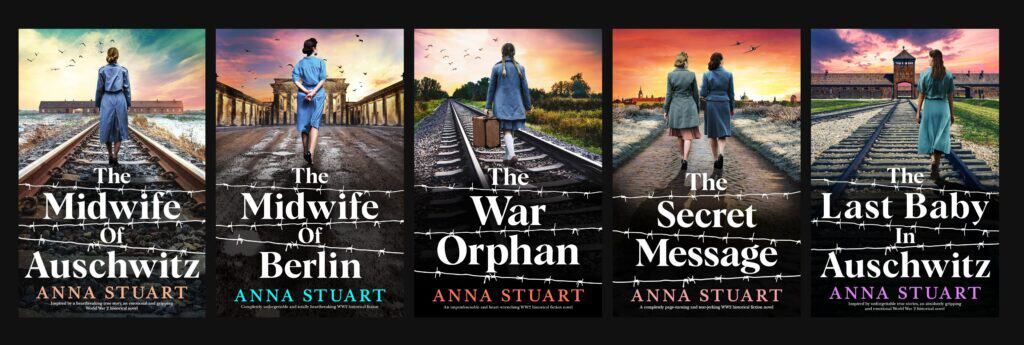 Five WWII historical fiction book covers by Anna Stuart featuring railway tracks and figures in period clothing.