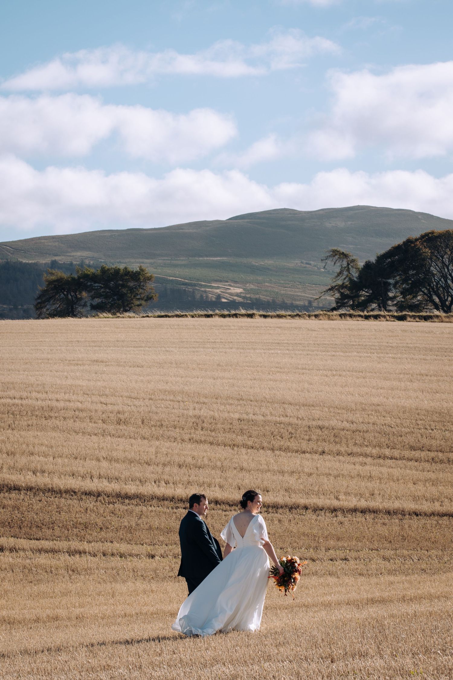 Bride and groom walk hand-in-hand through golden wheat field with rolling green hills under blue sky.