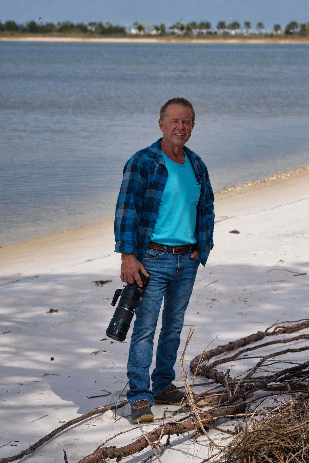 Photographer Steve Cole holding a camera with a telephoto lens while standing on a sandy beach shore.