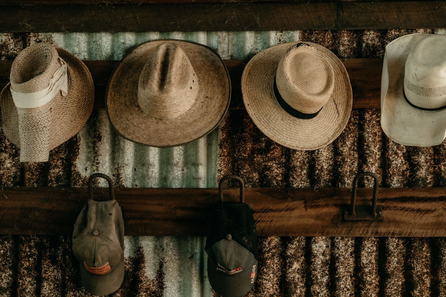 Four rustic straw hats hanging on a corrugated metal wall with vintage lanterns below.