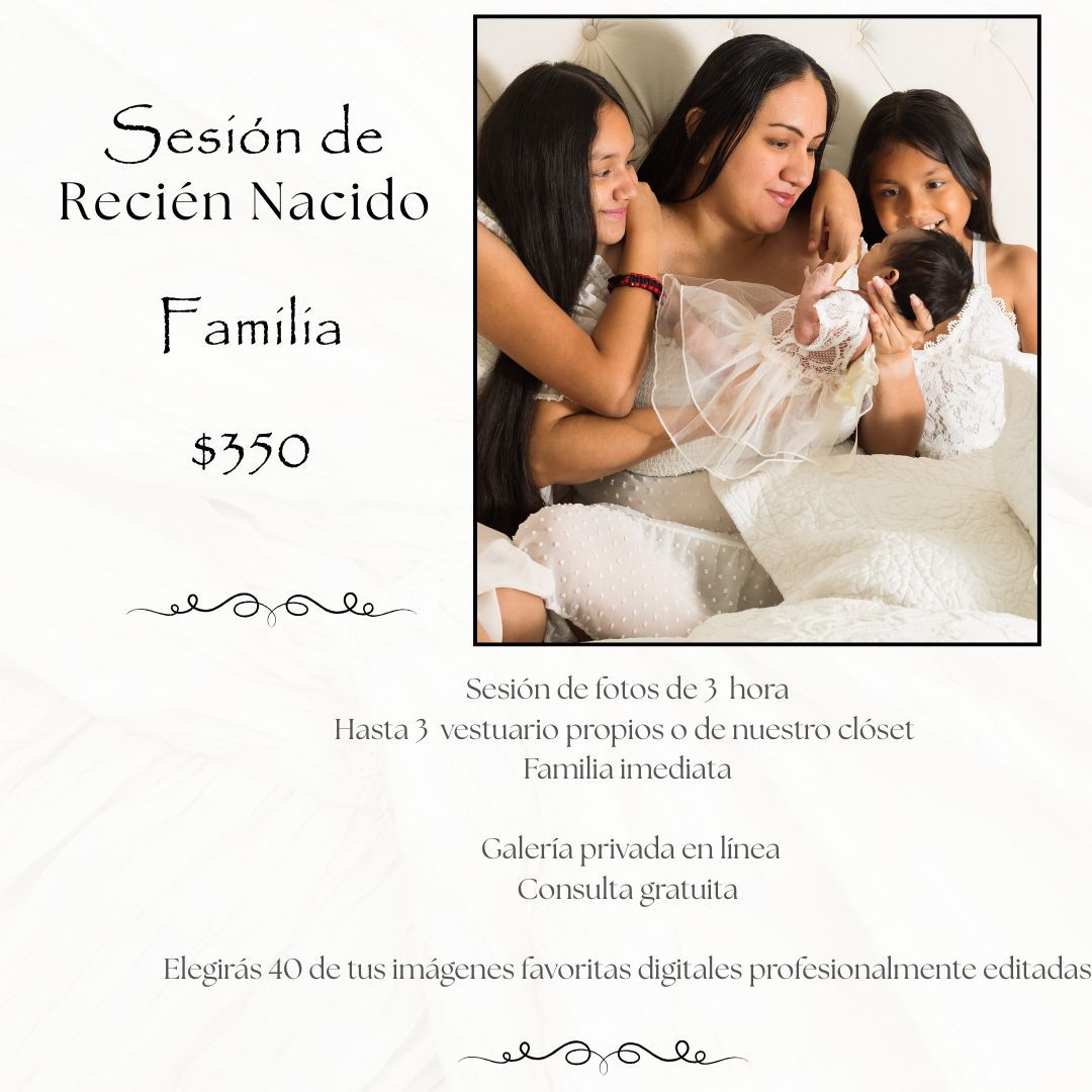 A mother in white holds a newborn baby surrounded by two daughters in a warm family newborn photography session priced at $350.
