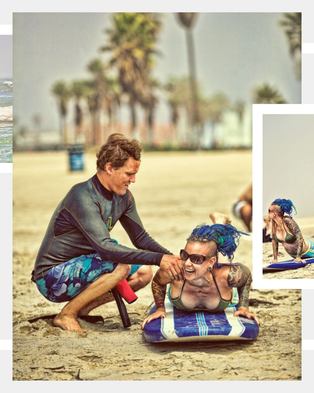 Surf instructor teaching a woman how to surf on a bodyboard on the sandy beach near palm trees.