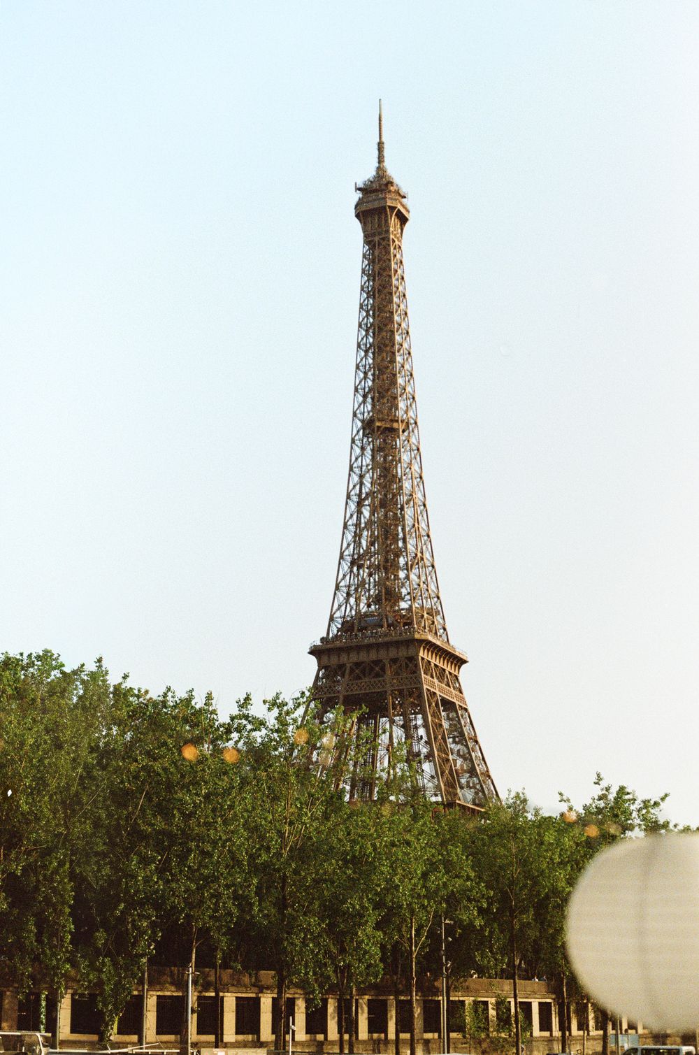 The Eiffel Tower rises above lush green trees under a clear sky in Paris, France. best luxury paris wedding photographer