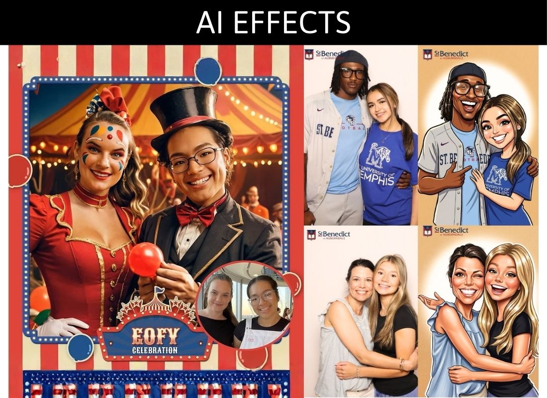 AI photo booth effects showing carnival-themed and white backdrop group photos with animated cartoon overlays.