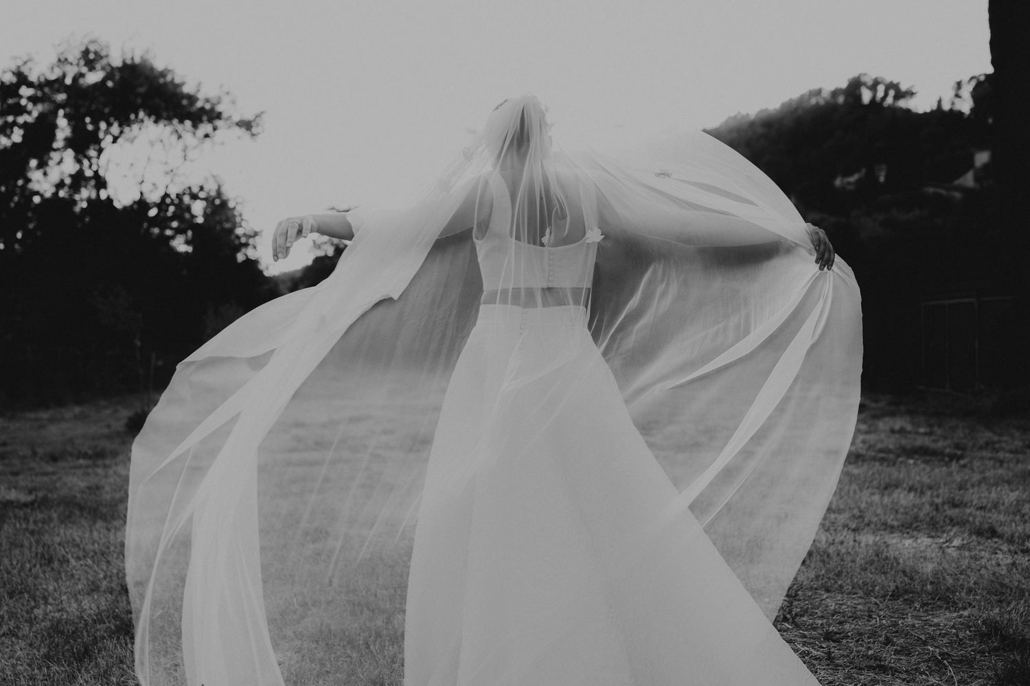A romantic black and white wedding photograph showing a tender embrace in a natural outdoor setting.