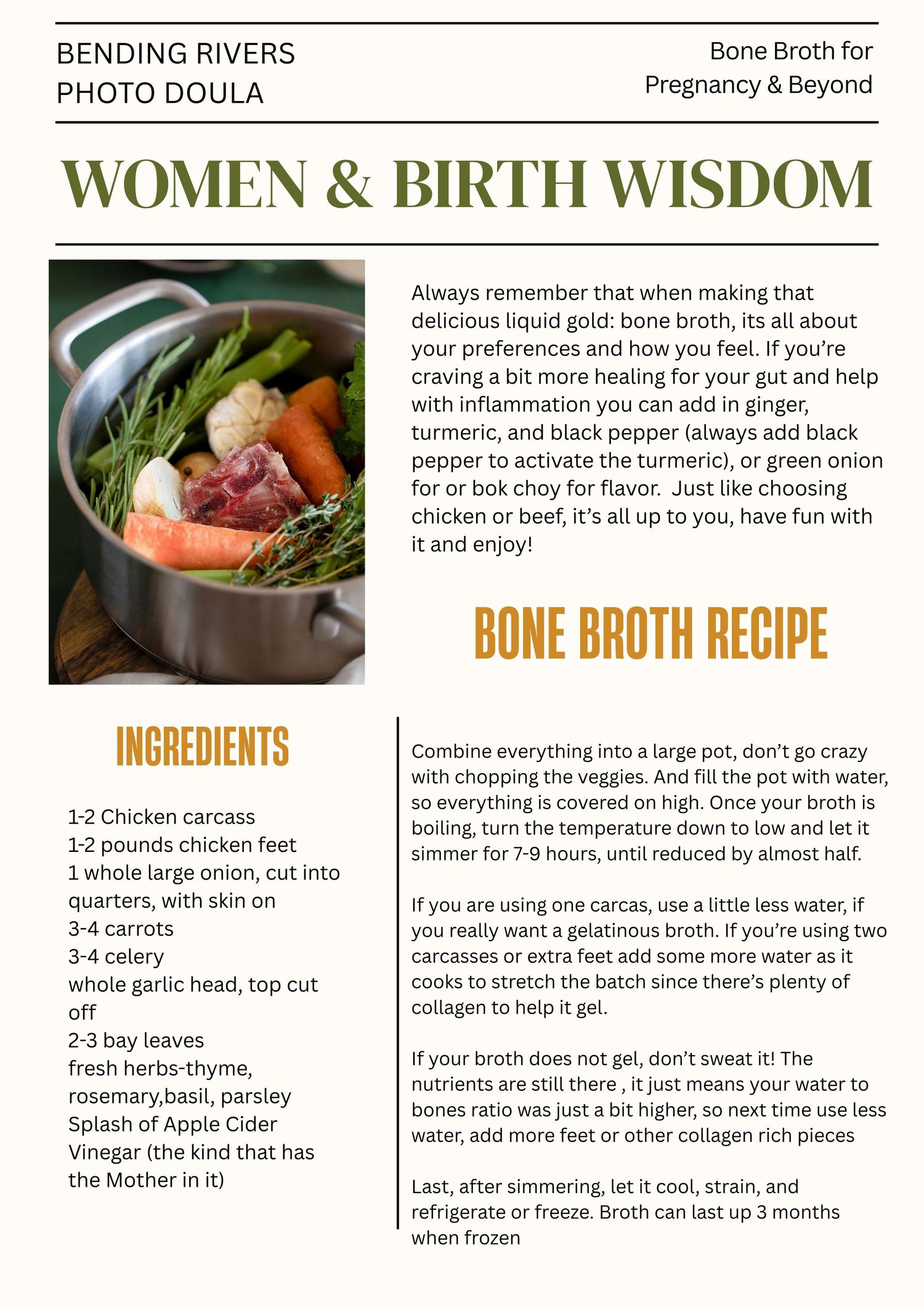 Bone broth recipe flyer from Bending Rivers Photo Doula with a stockpot of chicken, vegetables and herbs, plus ingredients and instructions.