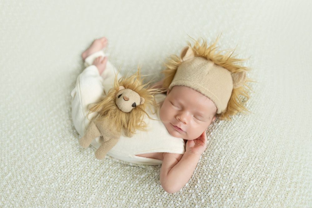 Sleeping newborn baby wearing a lion hat cuddles with a matching stuffed lion toy on a soft green blanket.