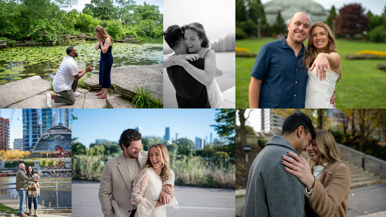 Collage of couples celebrating engagements in scenic park and city skyline settings, including a proposal on one knee and happy embraces.