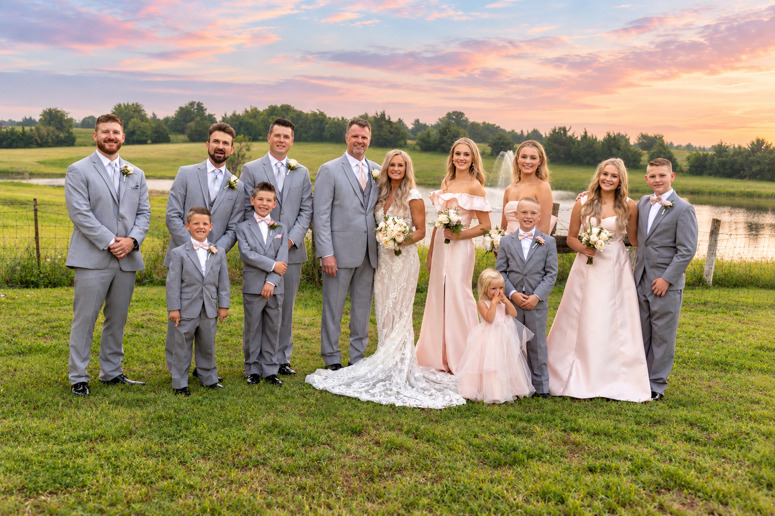 Wedding party poses outdoors at sunset near a pond, featuring bride, groom, groomsmen in gray suits, bridesmaids in pink, and children.