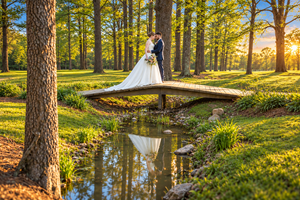 Bride and groom share a romantic kiss on a wooden bridge over a reflective pond in a sunlit garden.