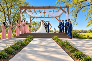 Outdoor wedding ceremony under a wooden pergola with bridesmaids in pink and groomsmen in navy suits on a sunny day.