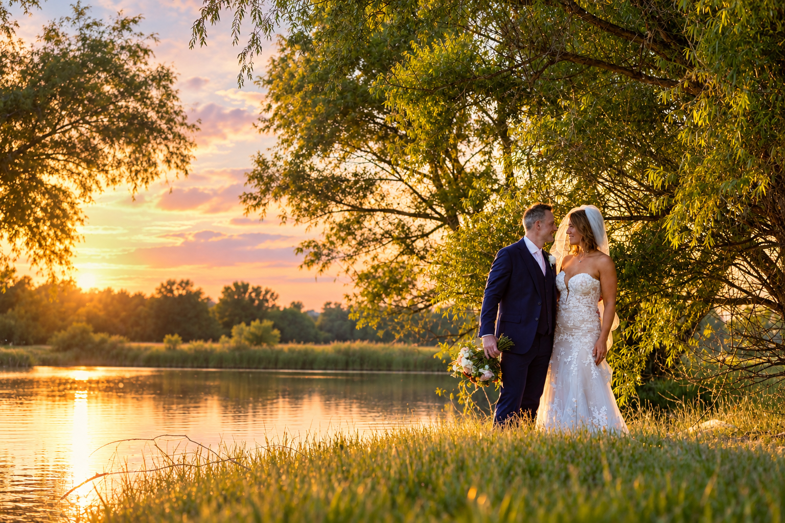Bride and groom share a romantic moment by a sunlit lake under a willow tree at golden hour sunset.