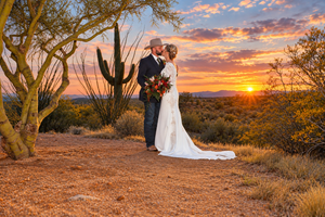 Bride and groom kiss at sunset in Arizona desert with saguaro cactus and vibrant orange sky backdrop.