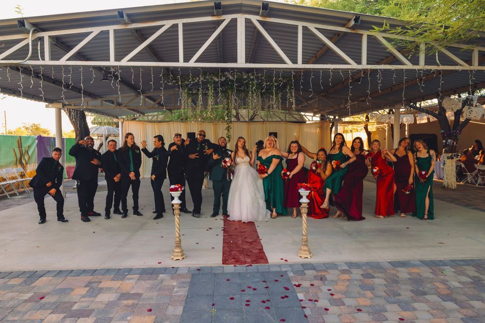 Wedding party poses under outdoor pavilion with bride in white, bridesmaids in jewel tones, groomsmen in black.