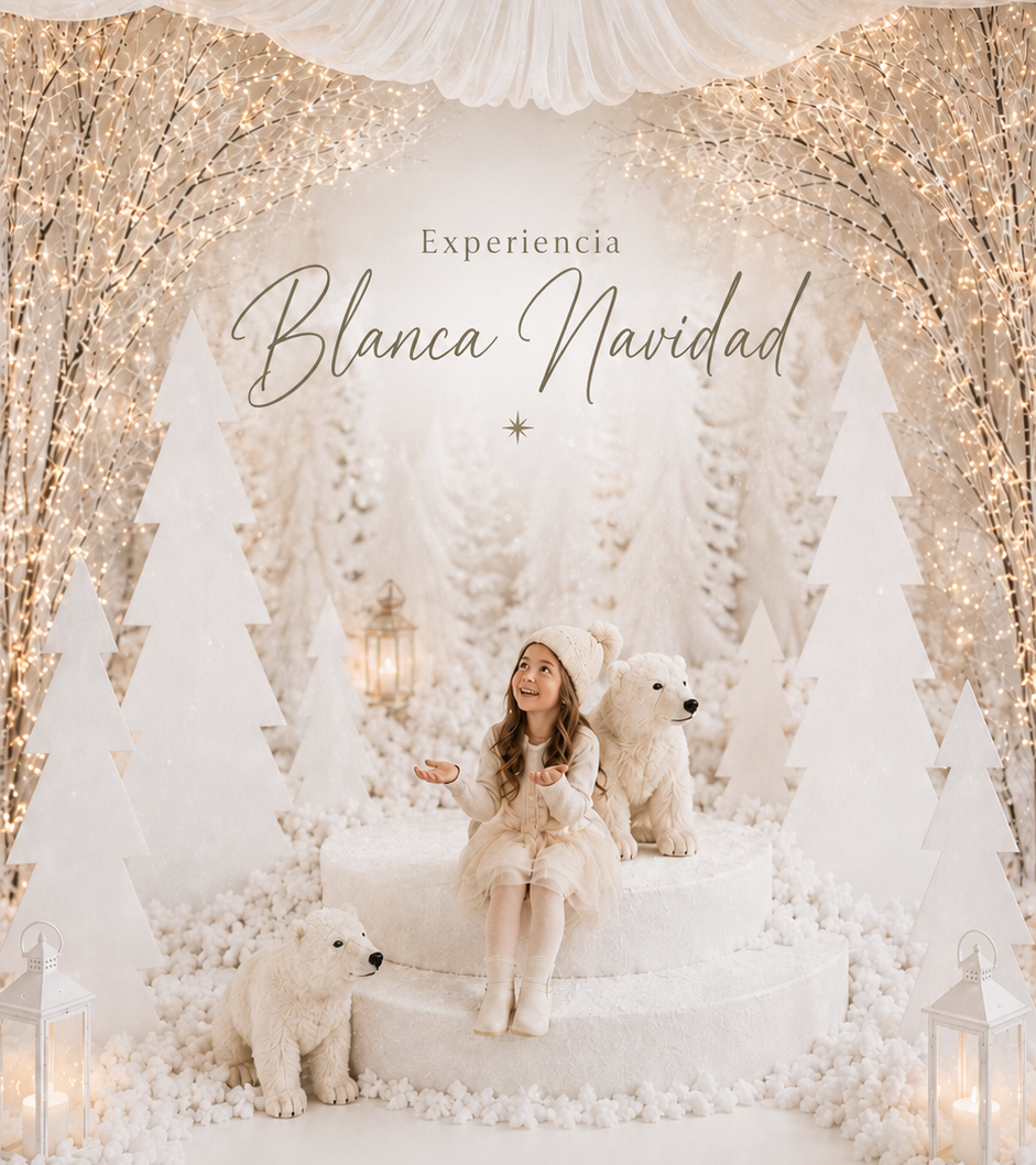 Girl in white dress poses with polar bear decor amid glowing trees for Blanca Navidad Christmas experience.
