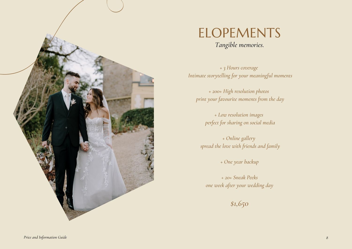 Davish Photography price and information guide cover featuring a romantic bride and groom embracing in elegant wedding attire.