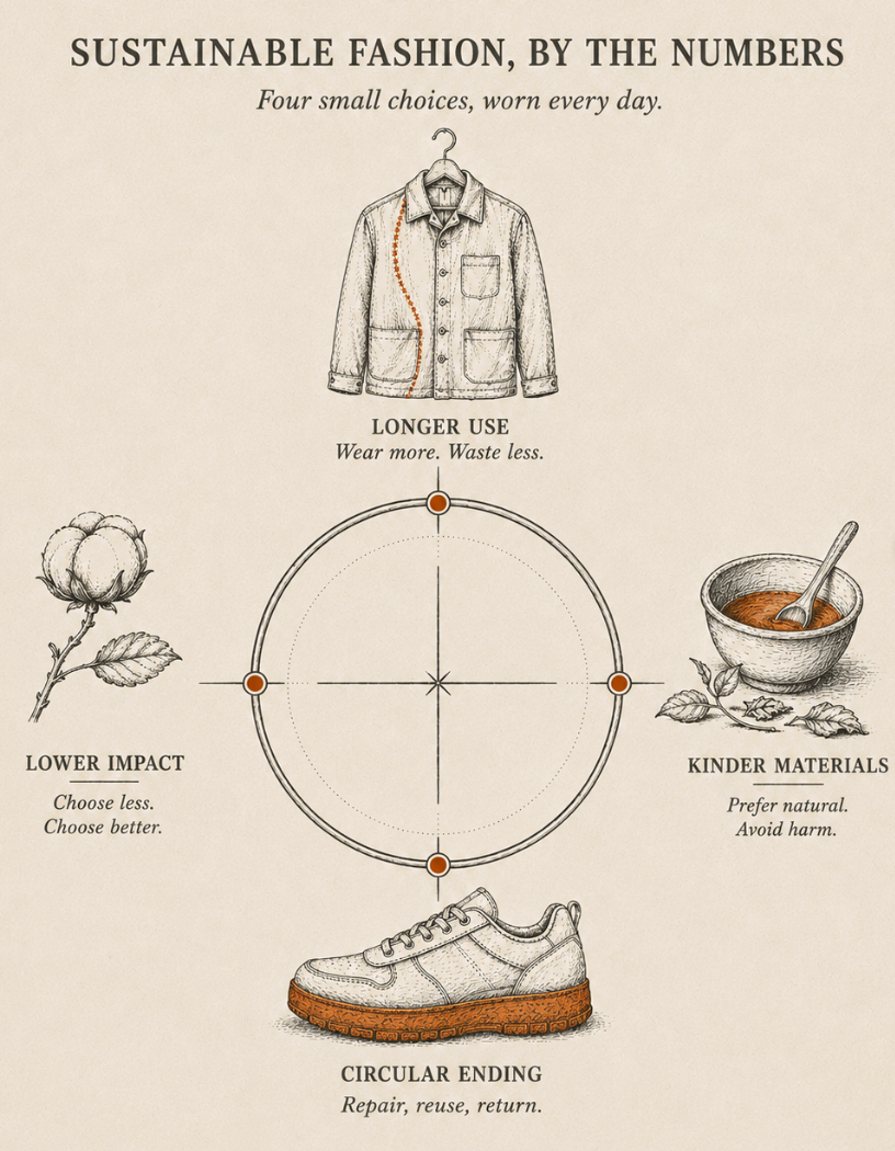 Infographic on sustainable fashion featuring illustrations of a jacket, sneaker, cotton plant, and bowl with four eco-friendly principles.