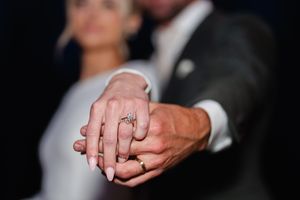 A series of close-up shots showing hands holding each other in a romantic gesture, highlighting wedding rings.