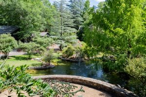 Lush Japanese garden with a tranquil pond, stone bridge, and verdant trees creating a serene landscape.