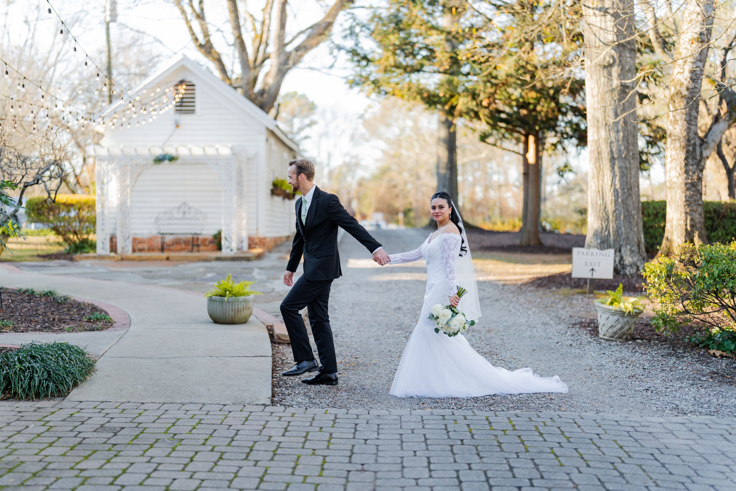 A series of romantic wedding photos showing couples dancing and embracing on a cobblestone patio at sunset.