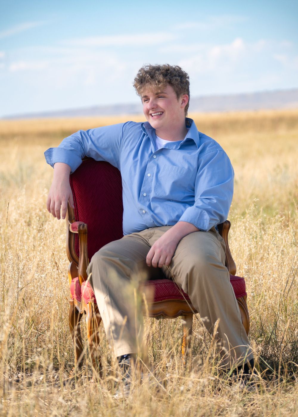 A person in a blue button-down shirt sits in a red velvet chair outdoors in a golden wheat field on a sunny day.
