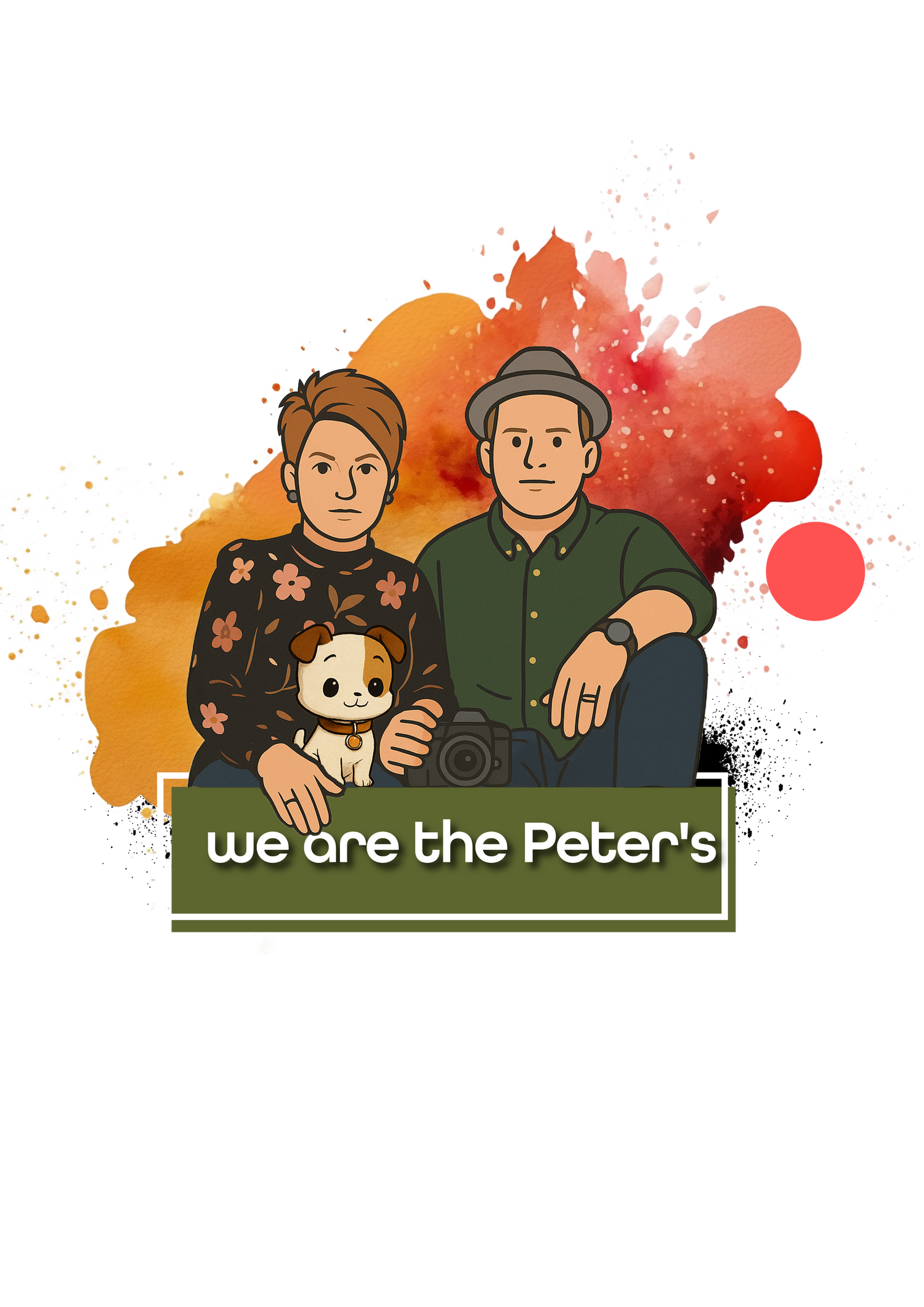 Cartoon illustration of two figures with the text 'We are the Peter's' against an orange and red watercolor background.