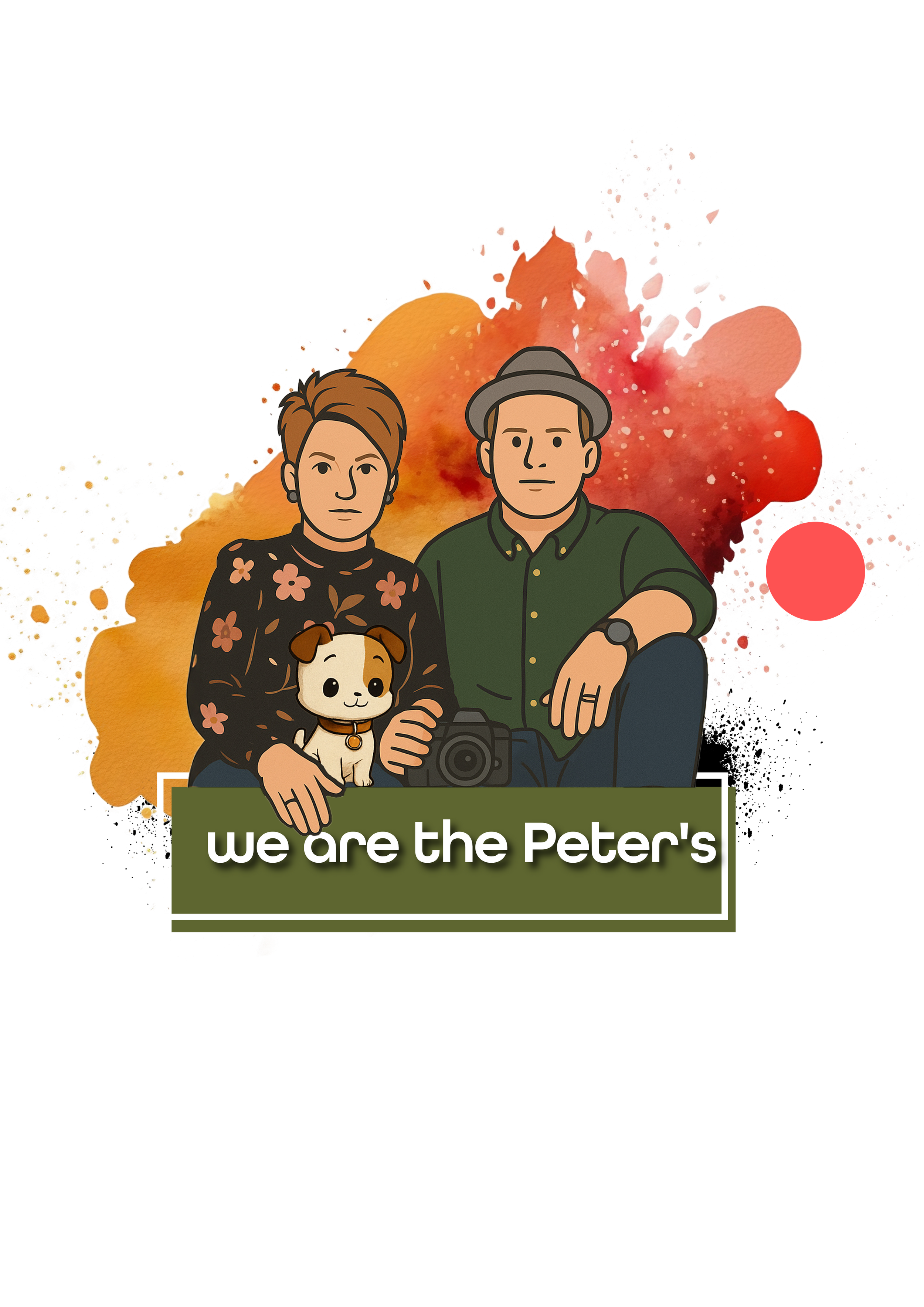 Cartoon illustration of two figures with the text 'We are the Peter's' against an orange and red watercolor background.