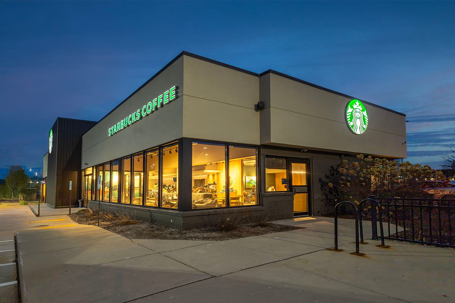 Starbucks commercial building exterior photographed at twilight, Wisconsin