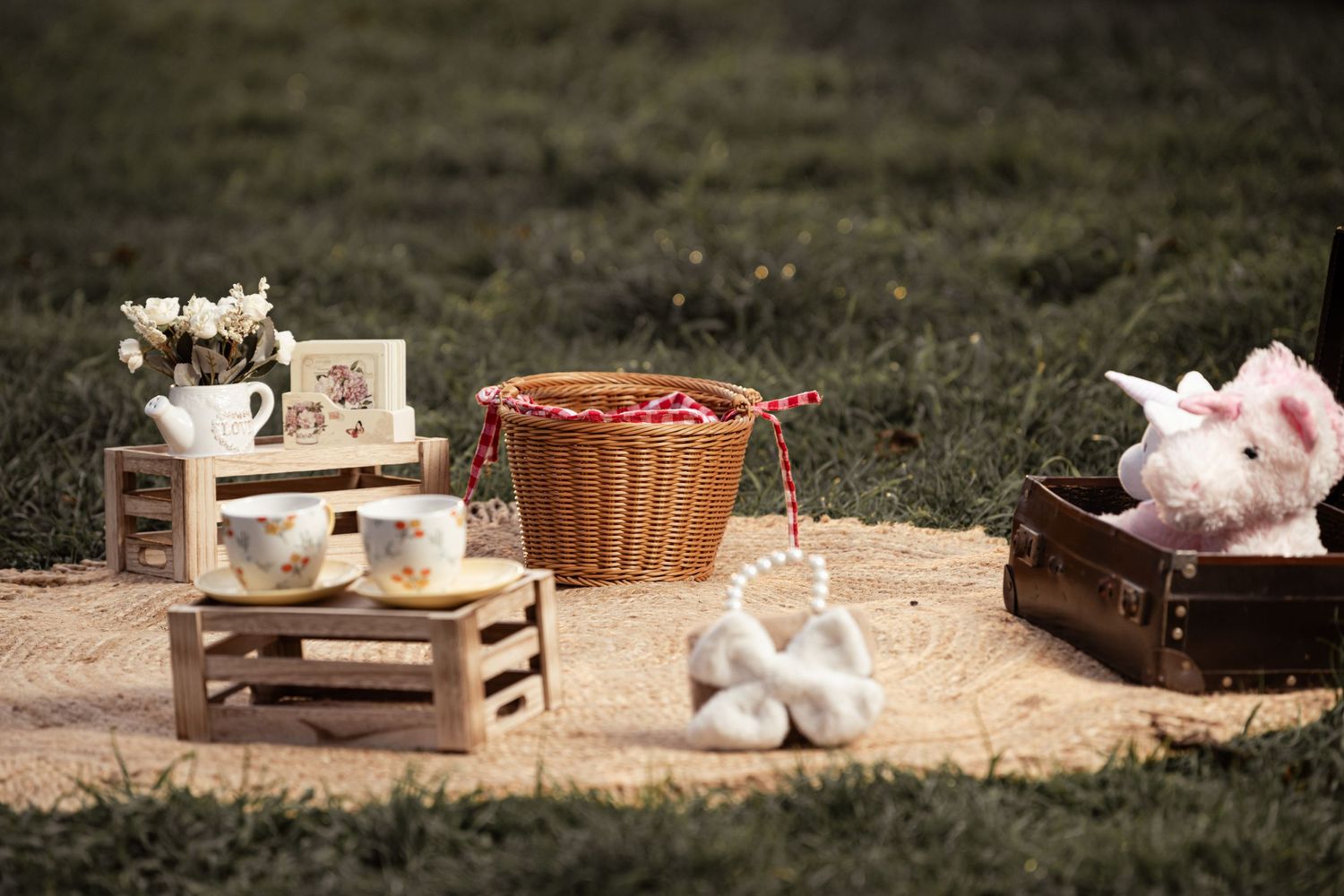 A vintage outdoor picnic scene with flowers in a teacup, wicker basket, and decorative plush toys on wooden crates.