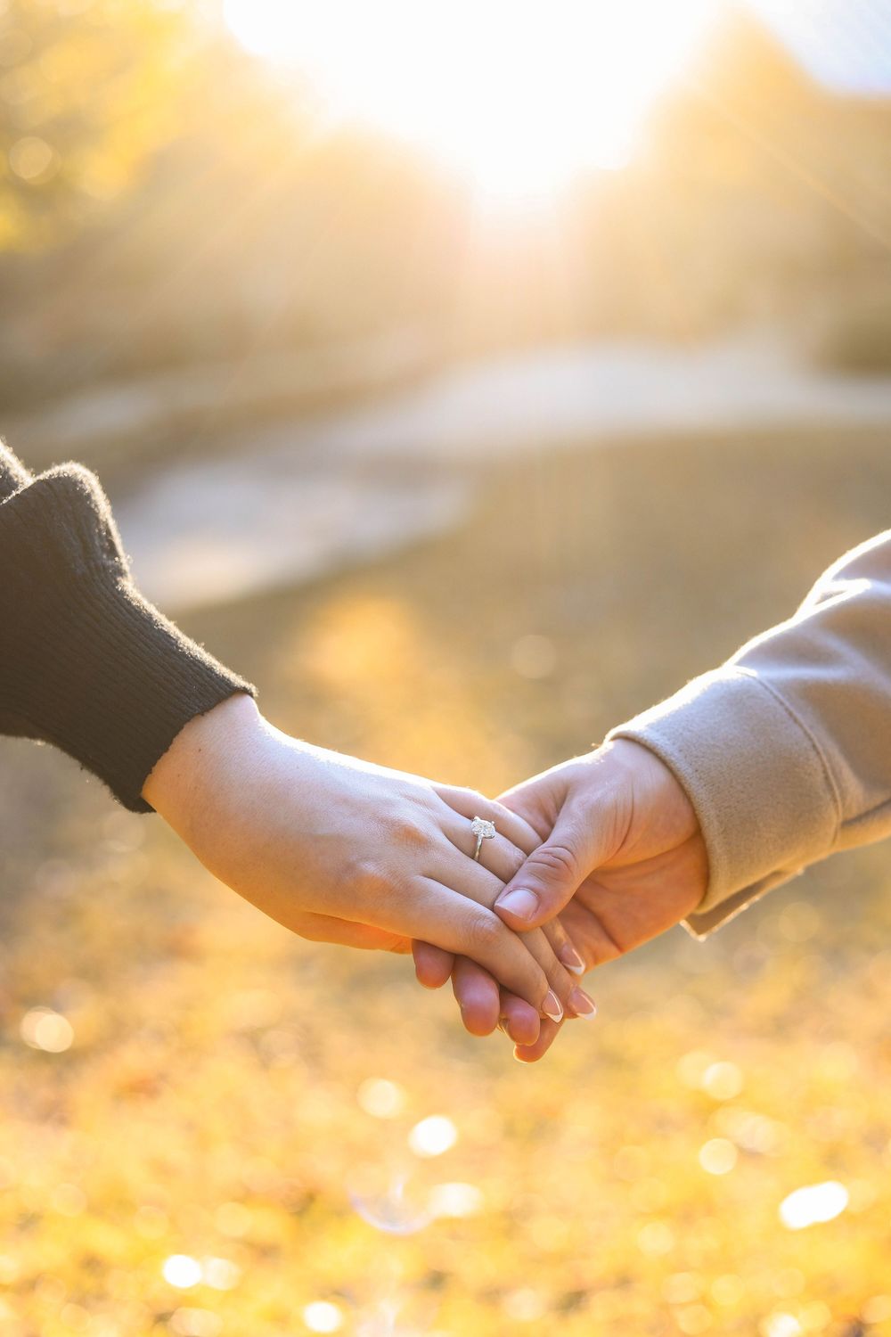 Two people holding hands in warm golden sunlight against a blurred natural background.