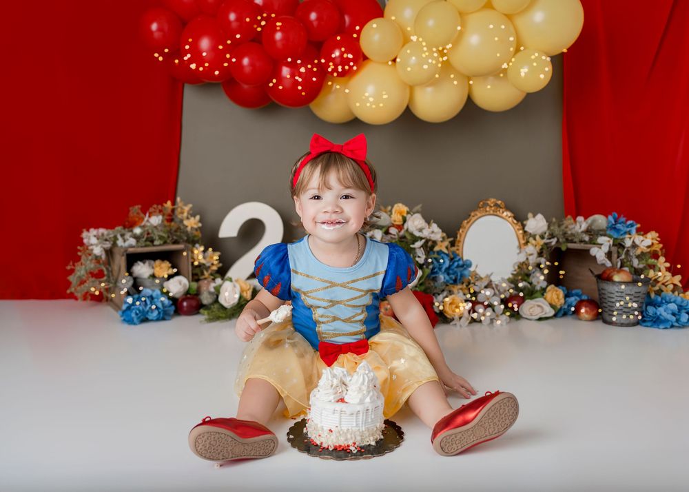 A collage of birthday party photos with red and white balloons, teddy bears, and cake decorations.
