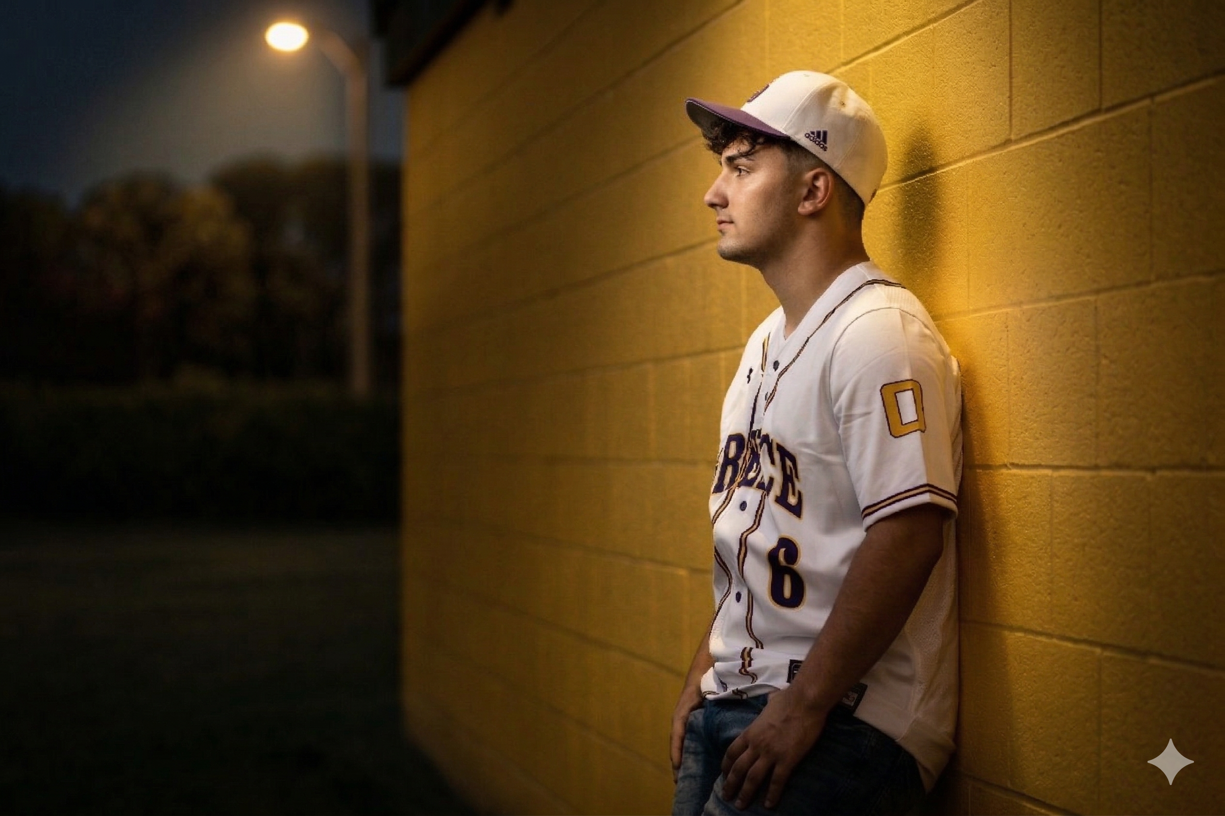 Young baseball player in uniform leaning against yellow brick wall under a street light at dusk.