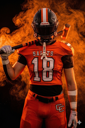 Football player #18 in orange Saints jersey holds a bat, surrounded by dramatic fire smoke effects.