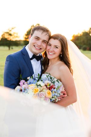 A joyful newlywed couple poses outdoors at sunset with colorful floral bouquet in three romantic wedding portraits.