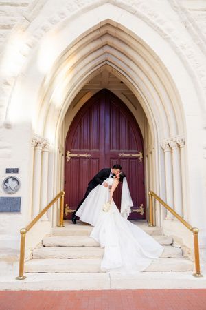 A sequence of arched church doorways showing the progression of someone in a white wedding dress sitting and posing.