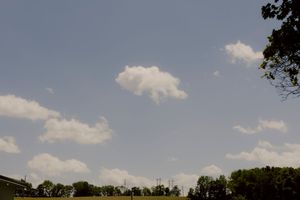 Clear blue sky with fluffy white clouds over green treeline at outdoor wedding venue.