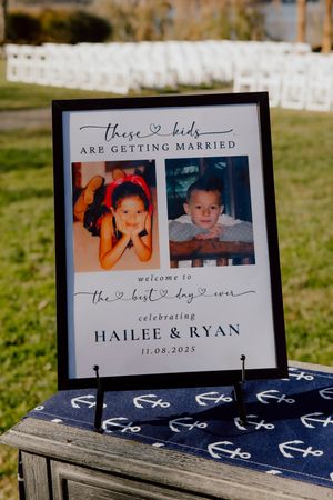 Framed wedding welcome sign with childhood photos celebrating Hailee and Ryan on November 8 2025.
