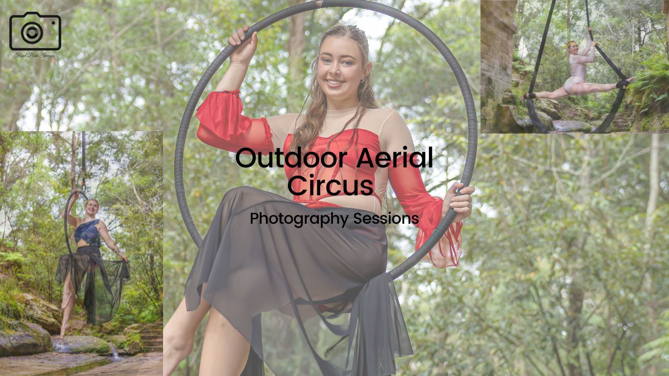 A performer practices aerial acrobatics outdoors in a forest setting using suspended equipment.