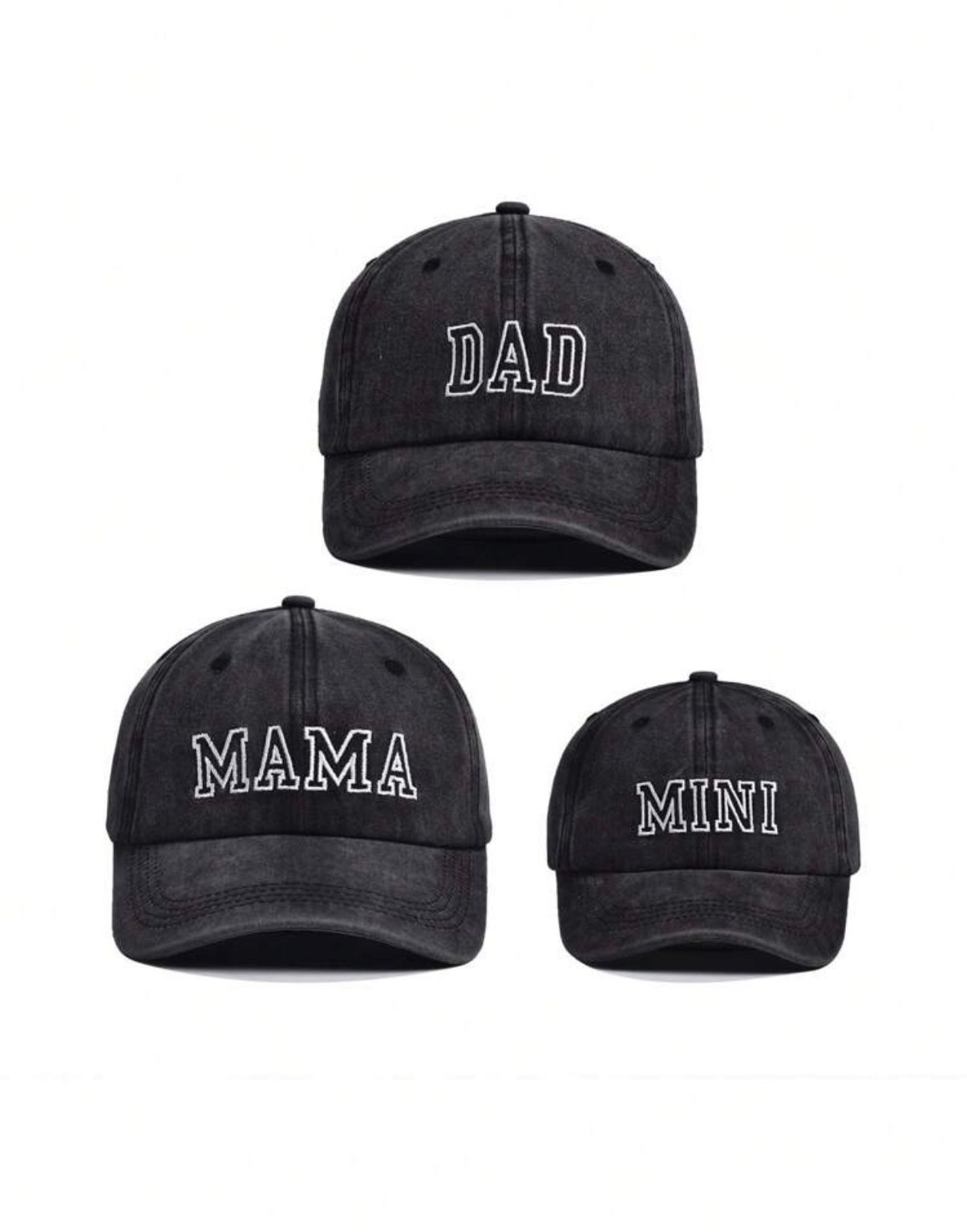 Set of black dad caps with white embroidered family titles.