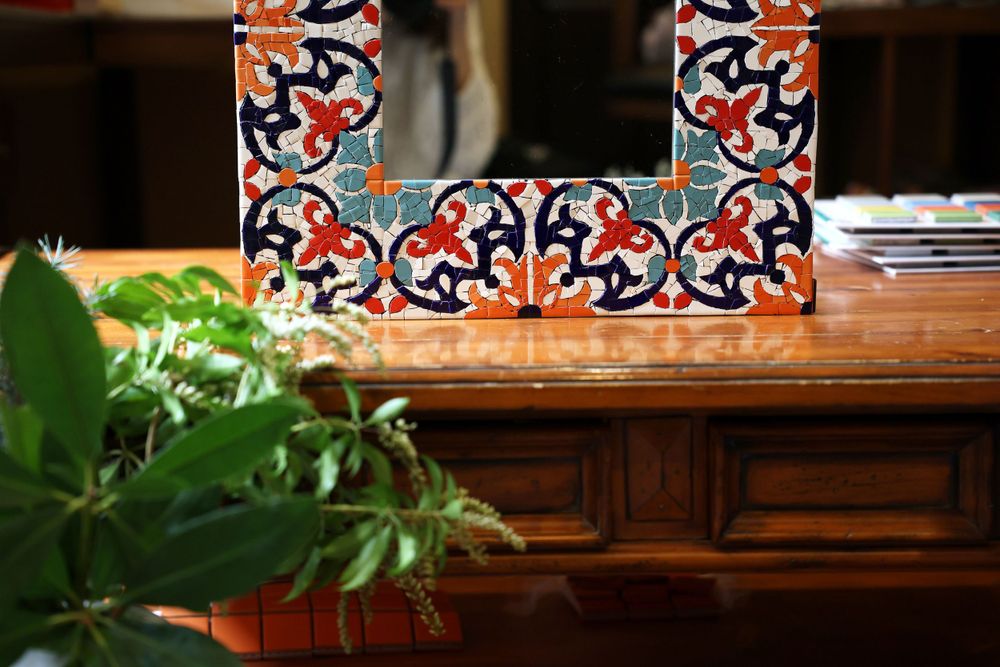Decorative tiles with blue and red floral patterns sit on a wooden shelf next to a green leafy plant.