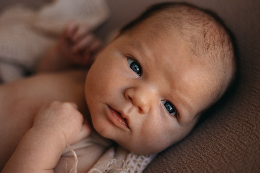 Close-up portrait of alert newborn with bright eyes.