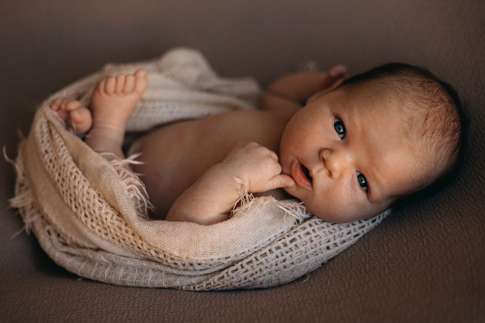 Peaceful newborn nestled in soft gray knit wrap against brown backdrop.